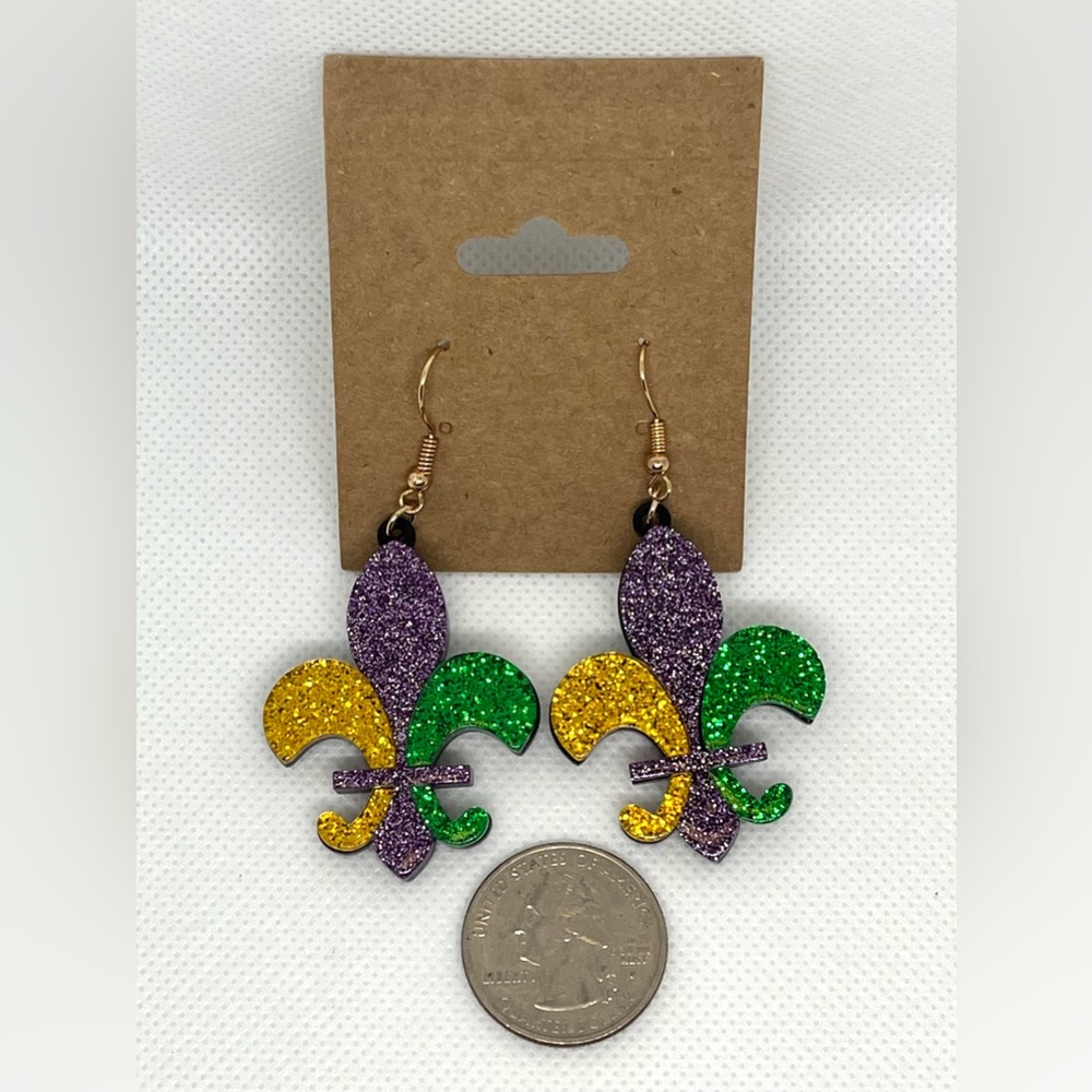 Glittery Mardi Gras Fleur-de-Lis Earrings in Purple, Green, and Gold - Picture 2 of 2